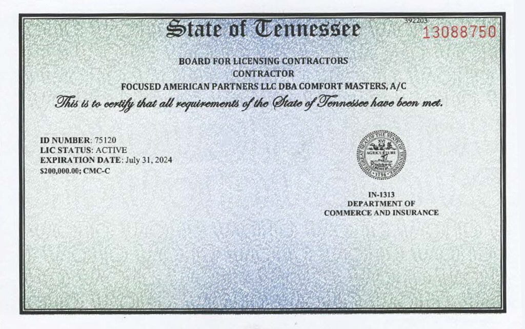 A certificate from the State of Tennessee